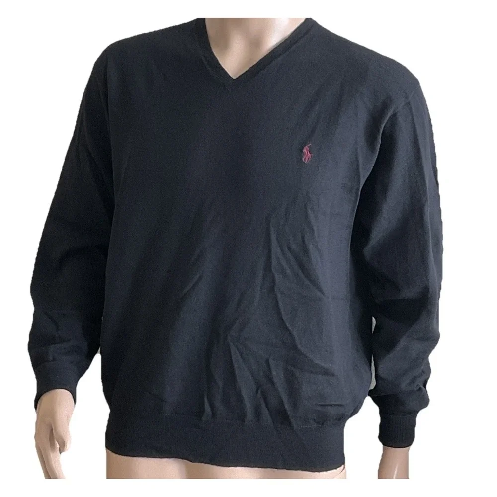 Vintage Polo Ralph Lauren Lambswool‎ V-Neck Sweater Mens XL Navy Blue Pony Knit